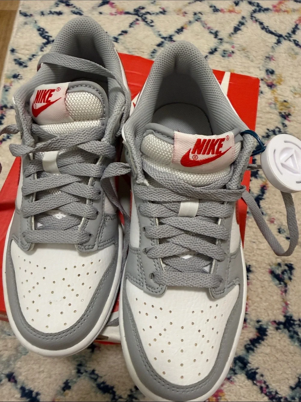 Nike Kids Dunk Low — White and Gray with Red Swoosh